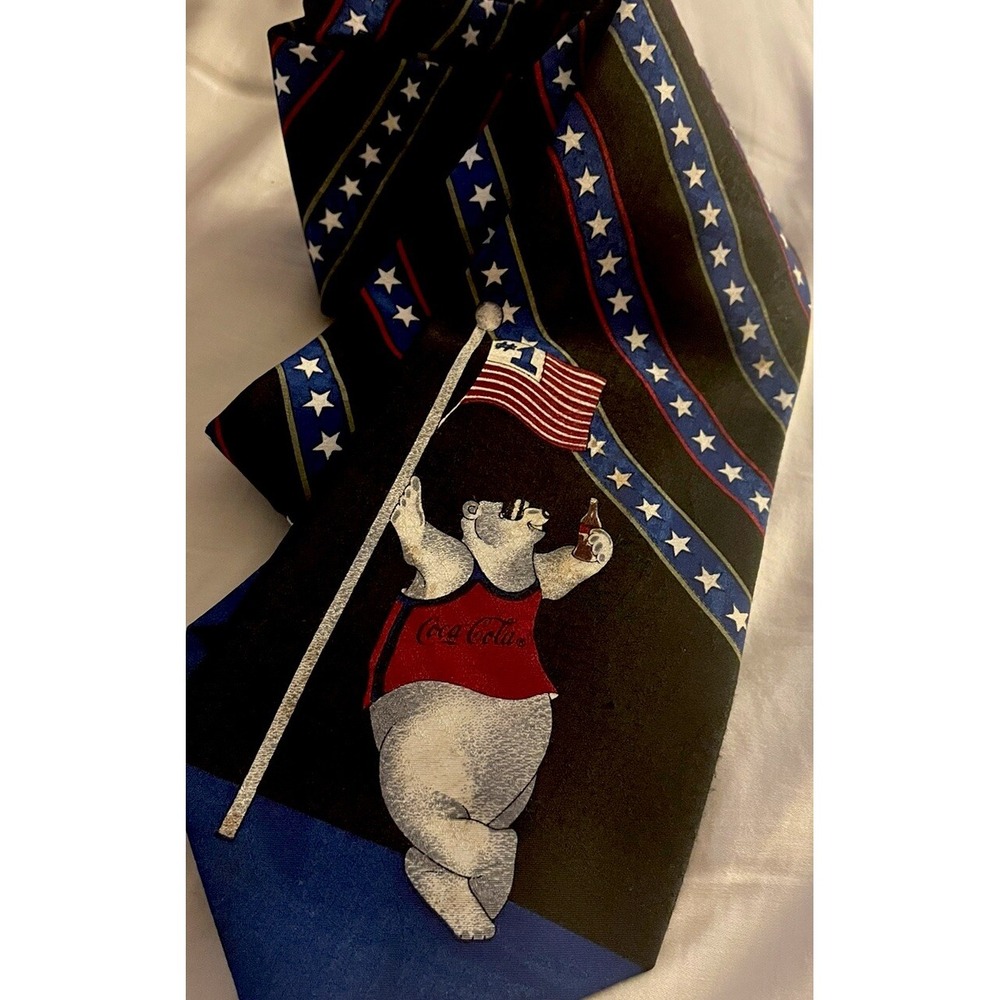 Coca Cola Polar Bear Flag Stars Stripes #1 Polyester Tie 56L x 4W  Made In USA